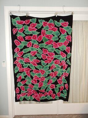 Vintage 42"x63" Rayon Sarong pink green floral tapestry wall hanging bedspread